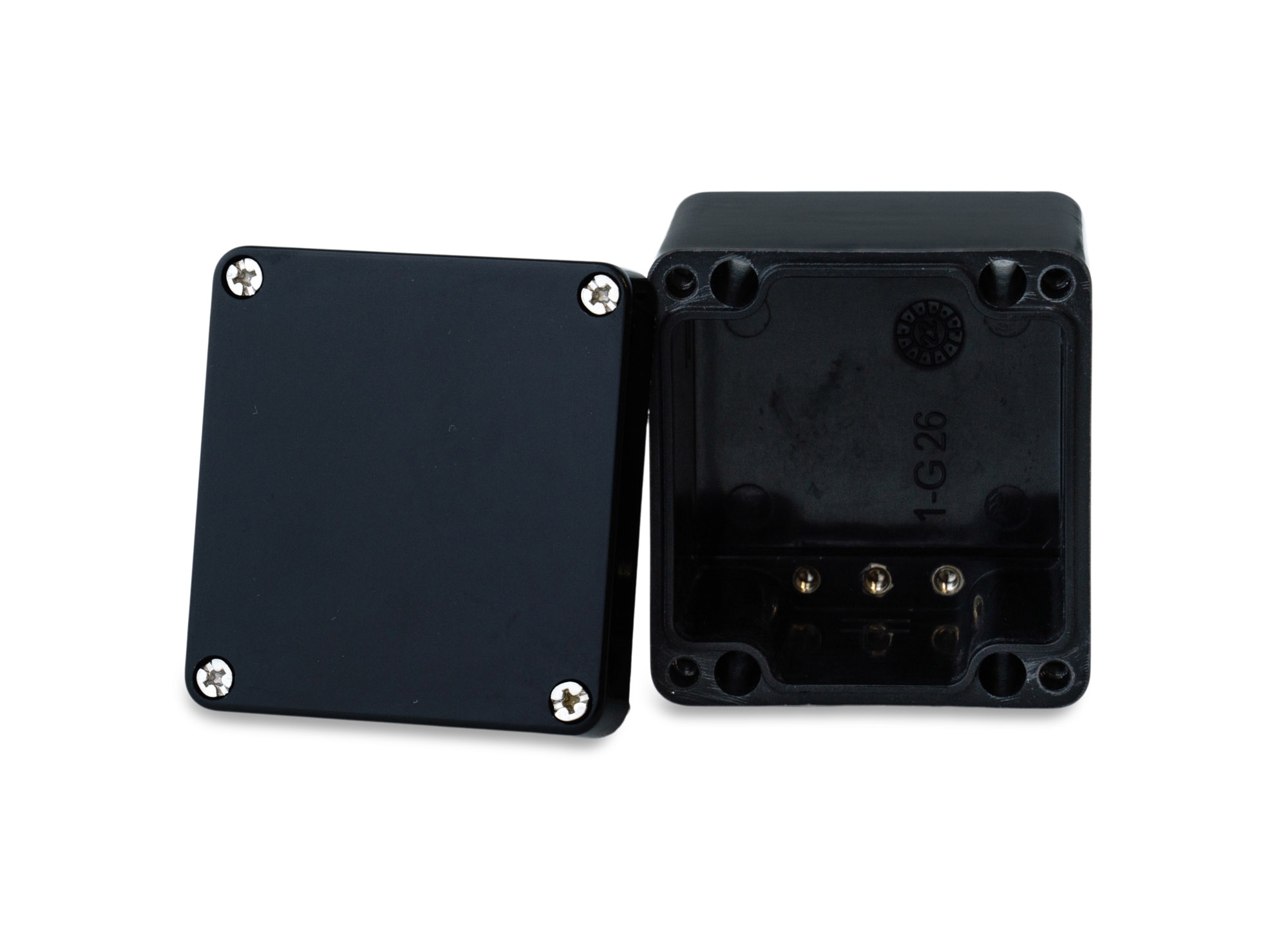 Boxexpert-Industriegehäuse-Elbe-Polyester-Glasfaserverstärkt-Schwarz-BXPBPOL807575-E01-66-offen GRP-Gehäuse Serie Elbe Polyester 255x250x120mm IP66 Graphitschwarz – Bild 1